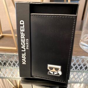 Karl Lagerfeld Black Leather Bi-Fold 5-Slot Card Holder - Leather, NWT, NIB.